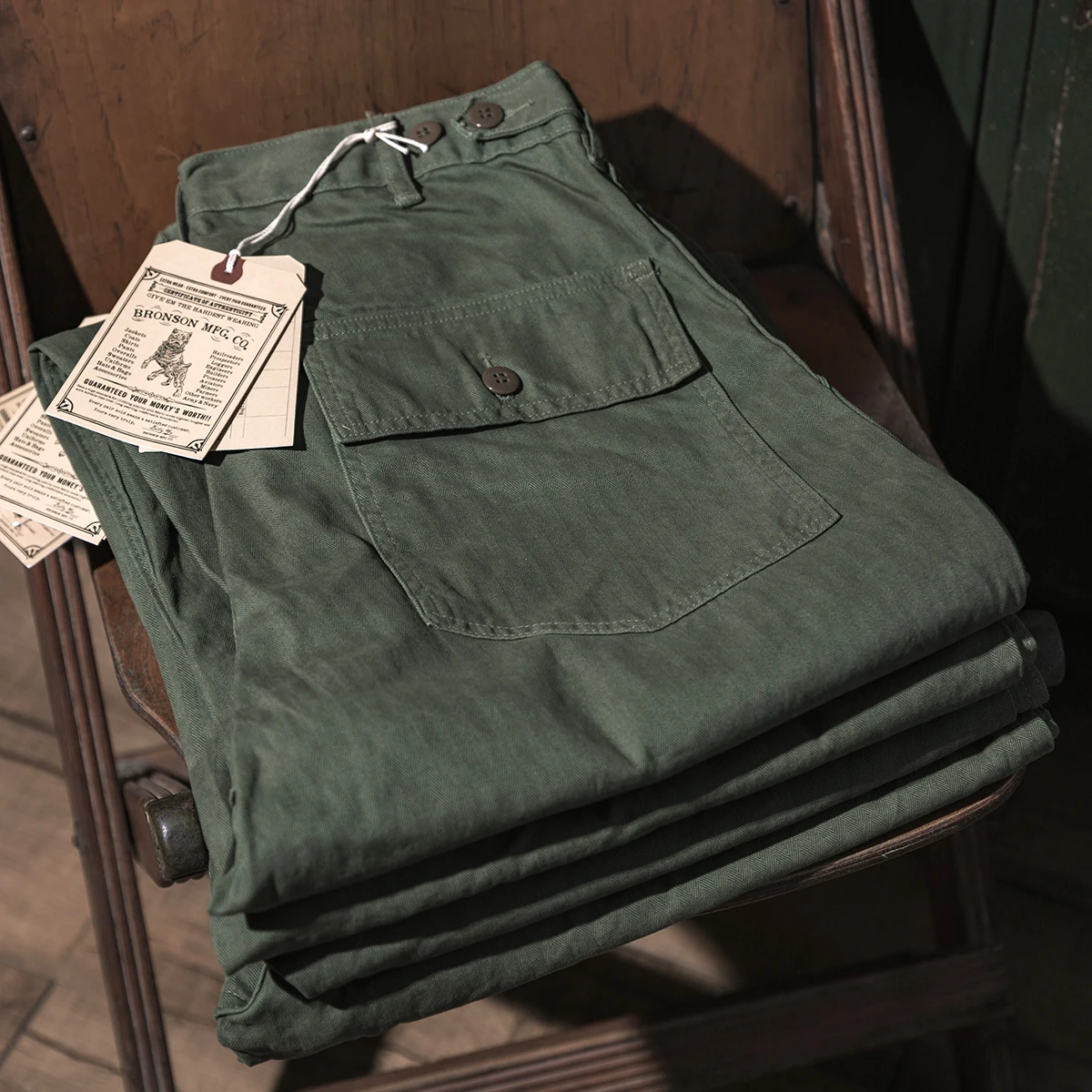 Bronson 1947 Model 838A OD7 Fatigue Utility Pants Men HBT OG-107 Baker Trousers