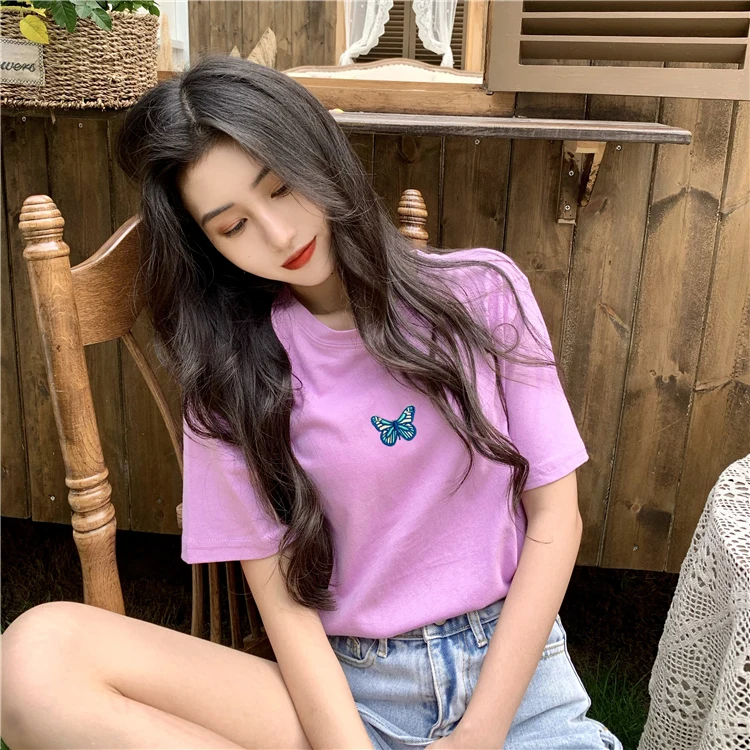Женская хлопковая Футболка с вышивкой бабочки повседневная черная футболка