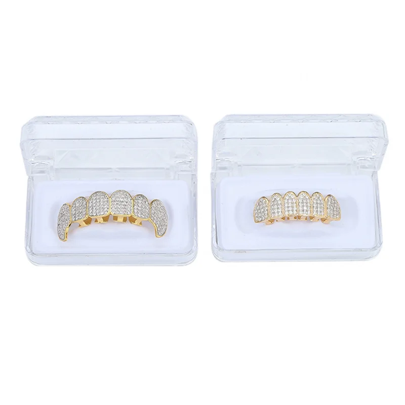 

Full Cubic Zircon Fangs Teeth Grillz Top Bottom Grills D Mouth Punk Teeth Caps Cosplay Party Rapper Hip Hop Jewelry