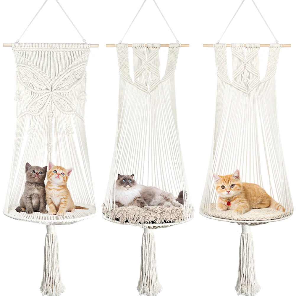 

Hand-Woven Hanging Basket Cotton Pet Nest Cat Dog Hammock Thread Toy Swing Bohemian Wall Hanging Macrame Swing Bed With Mat
