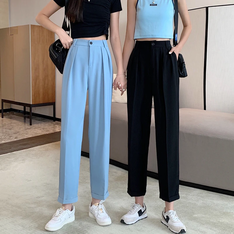 Spring Summer Korean Chic Office Casual Suit Pants Women Solid Elastic waist Button Blue Loose Simplee Jeans