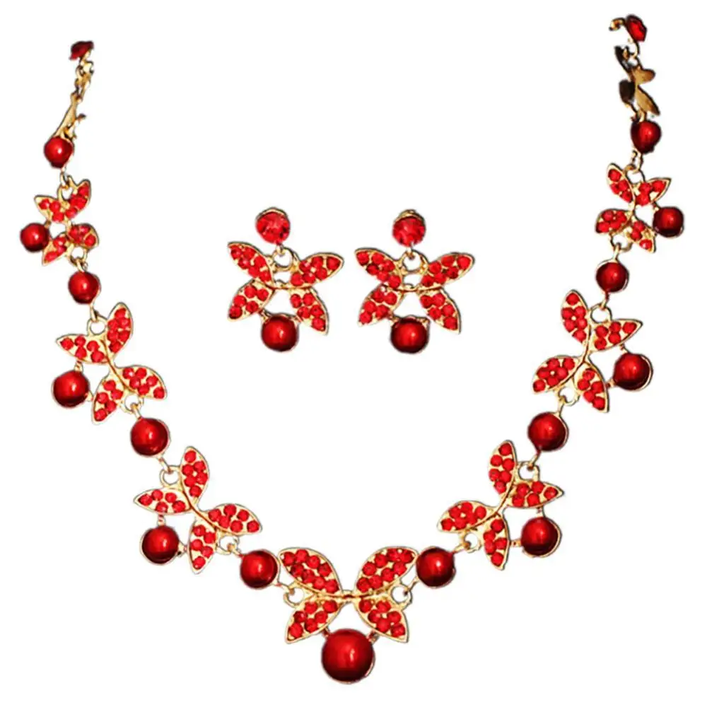 

2021 Hot sale Women Faux Pearl Rhinestone Chain Necklace Stud Earrings Bridal Jewelry Set