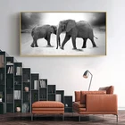 Плакаты и принты черно-белых двух африканских слонов, ходячих по полю, диких животных, холст, настенные картины для гостиной