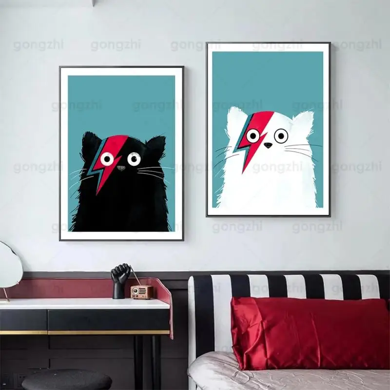 

Minimalist Modern Abstract Black White Cat Red Lightning Pattern Home Frameless Decoration Frameless Canvas Printing Poster