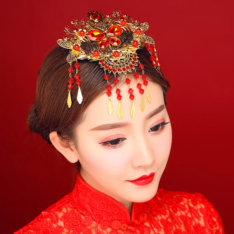 Женские свадебные аксессуары для волос в китайском стиле красные Кристальные