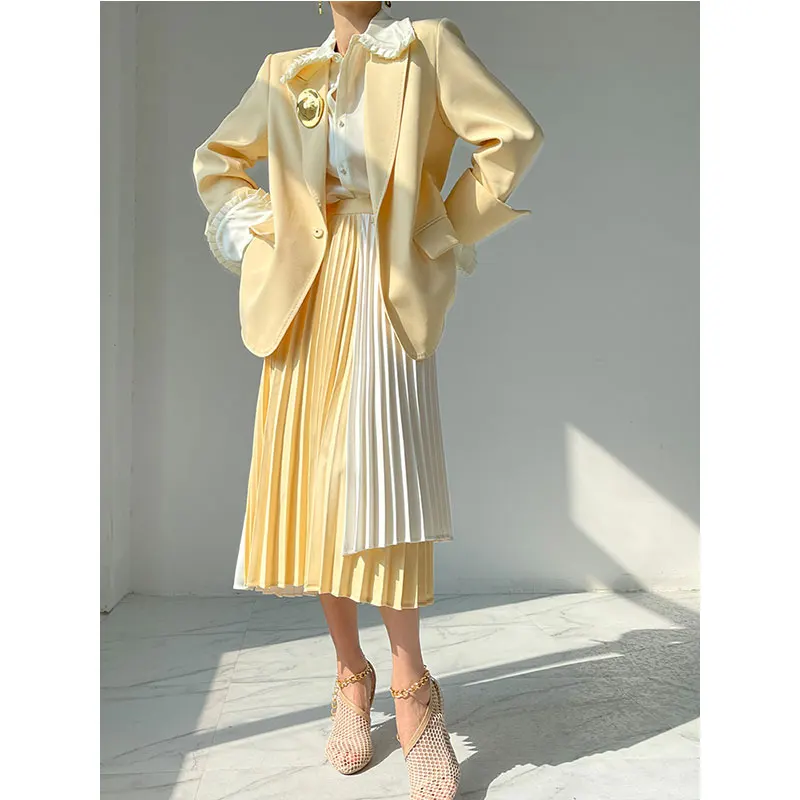 

Womens yellow Gradient pleated 2021 Two Piece Set Draped Skirt Autumn Fashion Casual Dress Sets S163