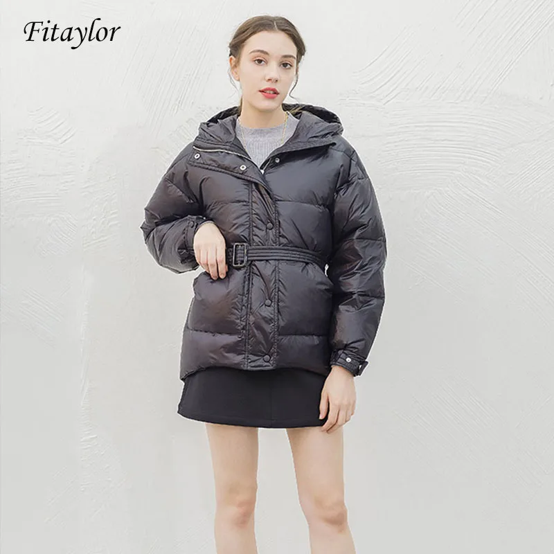Fitaylor, женская зимняя тонкая парка с капюшоном на белом утином пуху, ультра-светильник, пуховики с поясом, черная, белая, женская теплая зимняя верхняя одежда