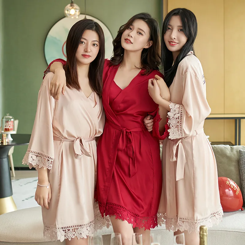 

Women Wedidng Robe Short Kimono Bathrobe Gown Intimate Lingerie Sexy Lace Sleeve Casual Home Clothing Soft V-Neck Sleepwear