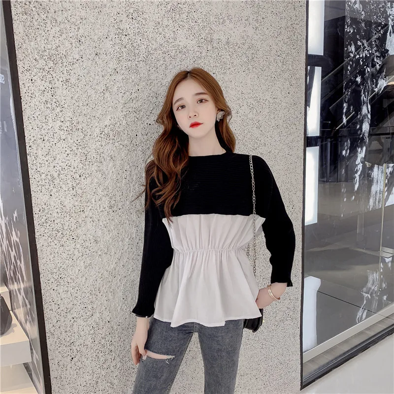 

Womens Patchwork Sweater Shirts Autumn Knit Fake Two Pieces O-neck Long Sleeve Japan Woman Sweaters Female Pullovers Tops LS158