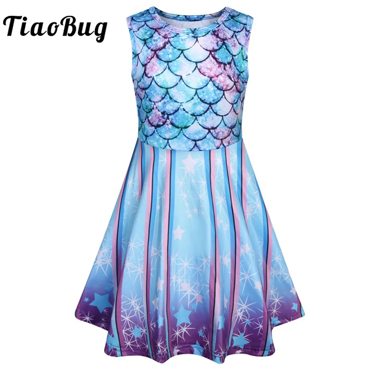 

Girl Sleeveless Dress Fish Scales Print Stage Performance Princess Cosplay Sundress 4-13 Years