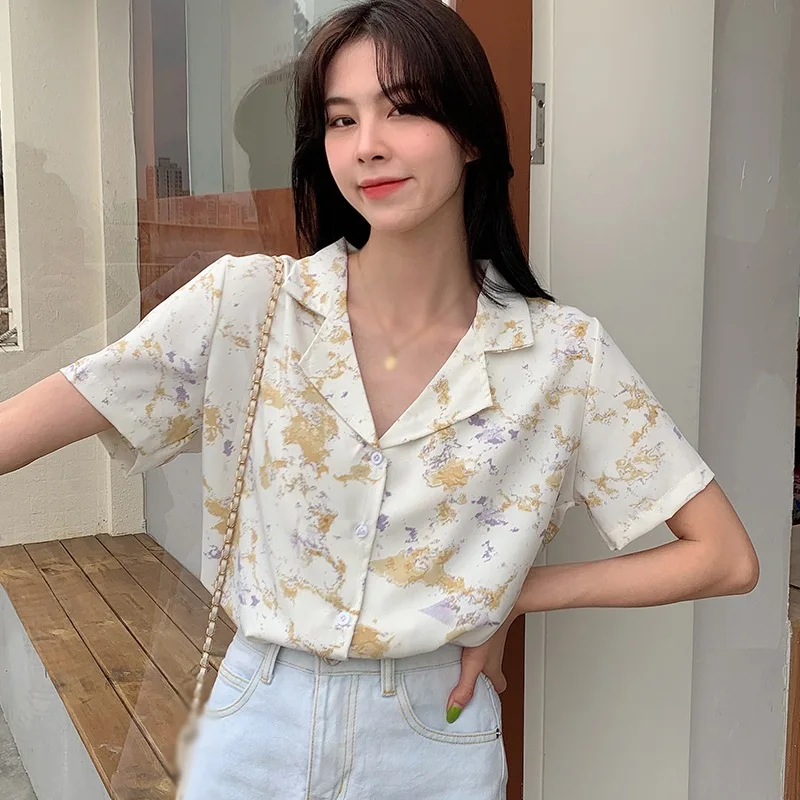 

Women Blouses Female Lapel Chiffon Short Sleeve Shirt Korean Fashion Women Casual Clothes
