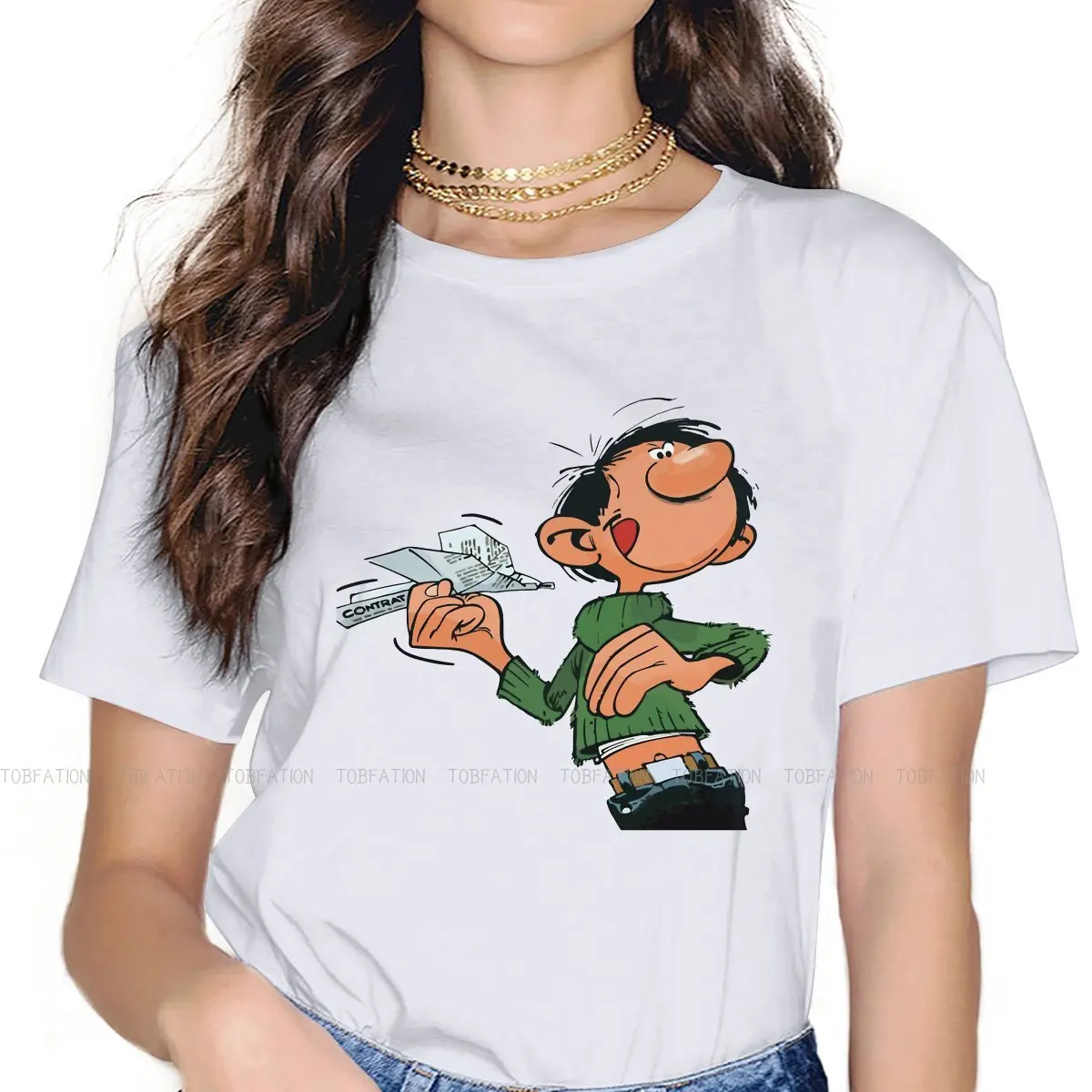 

Paper Plane Women Tshirts Gaston Lagaffe Comics Gothic Vintage Female Clothing Oversized Cotton Graphic Clothes
