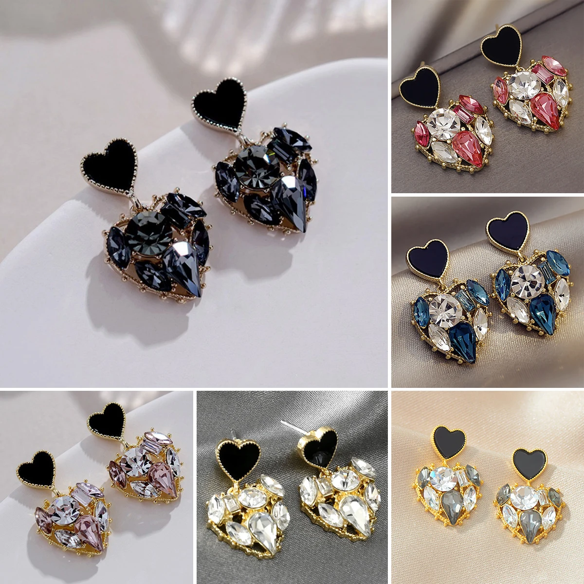 

Black Double Love Heart Drop Earring Fashion Crystal Alloy Earring Sets Cute Korean Sweet Jewelry Gift