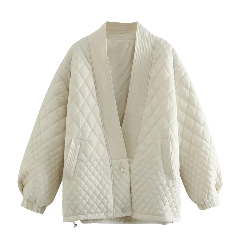 Women 2021 Fashion Long Sleeve Oversized Argyle Jacket Padded Coat Pockets Loose Vintage Parkas Outerwear Chic Tops Black White