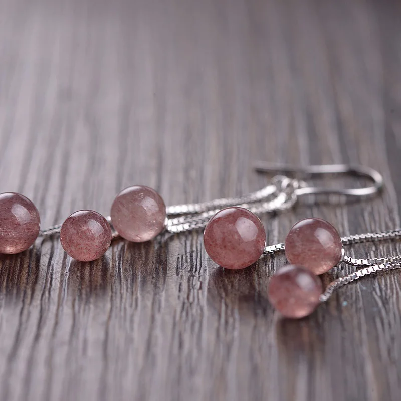 Женские серьги кисточки с бусинами из серебра 925 пробы натуральным клубничным