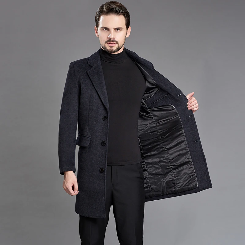 Зимнее мужское длинное утепленное шерстяное пальто деловой облегающий