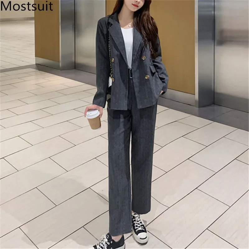 

Korean Office Two Piece Suit Set Women 2021 Spring Double-breasted Blazer + Suit Pants Outfits Workwear Fashion Female Set
