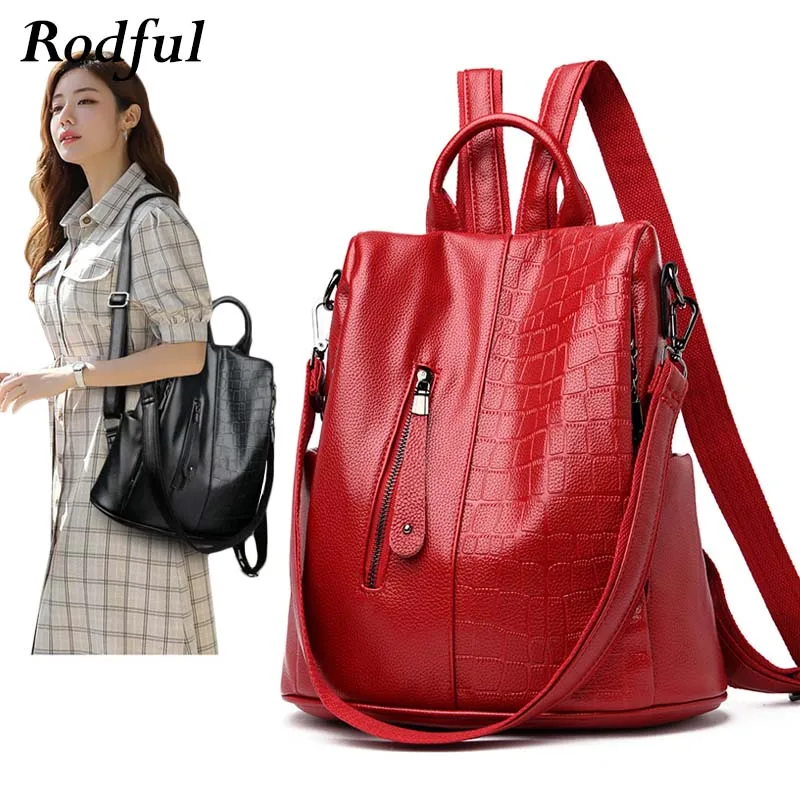 Модный женский кожаный рюкзак черный красный фиолетовый с защитой от кражи сумка