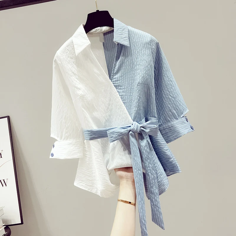 

Fashion Design Patchwork Women Shirts 2021 V-Neck Half-Sleeved Sashed Ruffles Office Lady Elegant Shirts Outwear Coat Tops