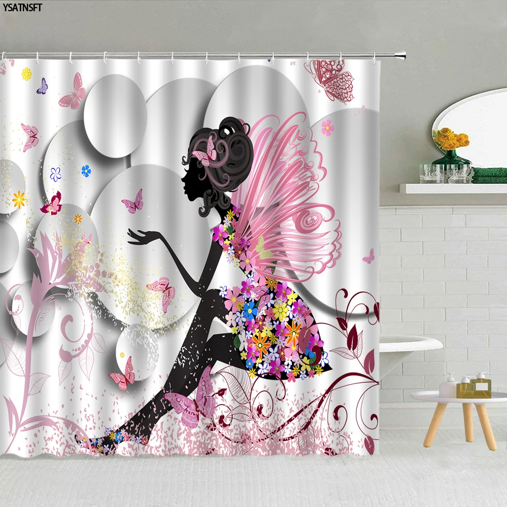 

3D Creative Butterfly Girl Theme Shower Curtain Flower Plant Art Modeling Design Fabric Home Bathroom Decor Curtains With Hooks