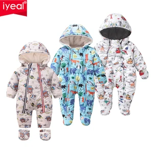 Детский комбинезон IYEAL для новорожденных, зимний плотный теплый Детский комбинезон для маленьких девочек и мальчиков, одежда для младенцев с принтом и капюшоном