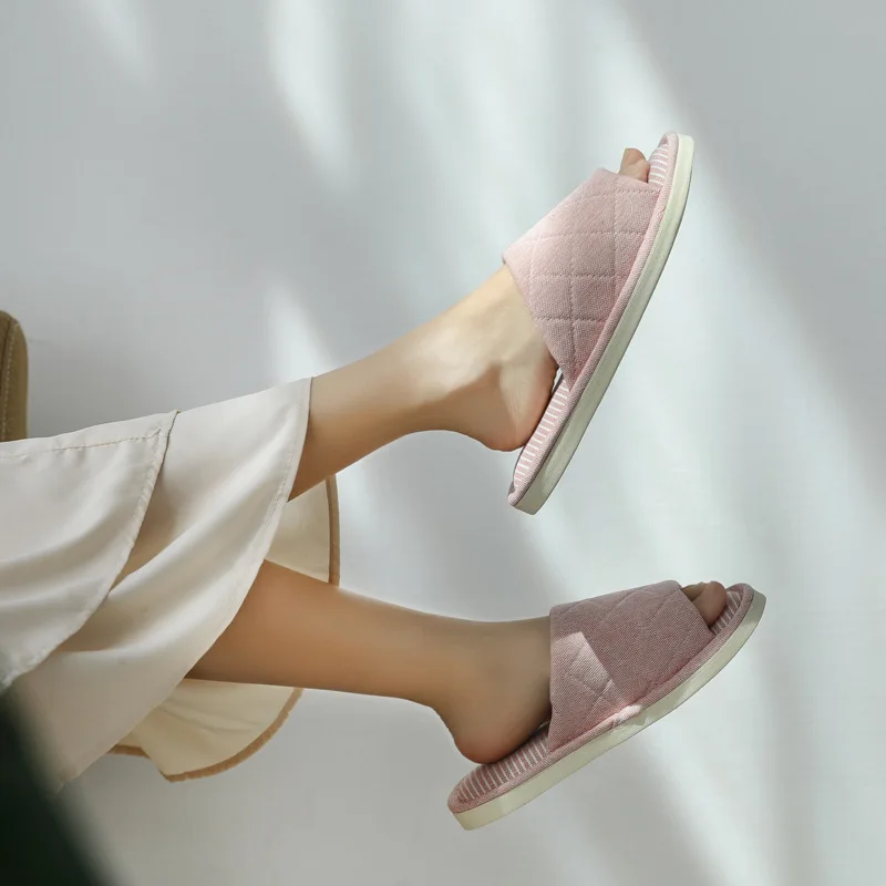 Spring Autumn Simple House Women and Men Cotton Slippers Open Toe Soft Sole Ladies Floor Flat Shoes Indoor Bedroom Ladies Slides