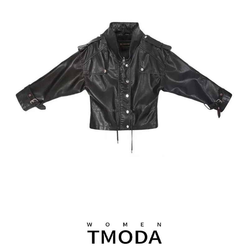 Женская мотоциклетная куртка TMODA295 черная из искусственной кожи на молнии