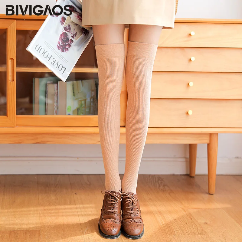 Bright Nude BIVIGAOS гольфы женские носки до колена из чесаного хлопка однотонные Гольфы простые носки в японском стиле Весна-Осень-зима гольфы женские чулки теплые пояс для чулок длинные носки - Цвет: Bright Nude
