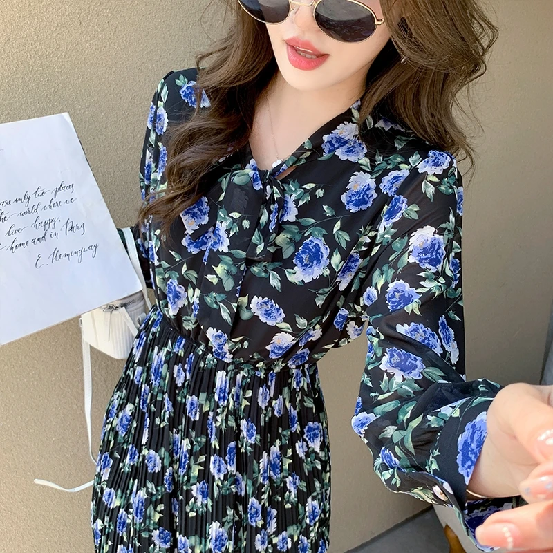 Hebe&Eos New Autumn Elegant Chiffon Dress 2021 Vintage Floral Print Boho Dress Woman Long Sleeves Pleated Midi Dresses Vestidos