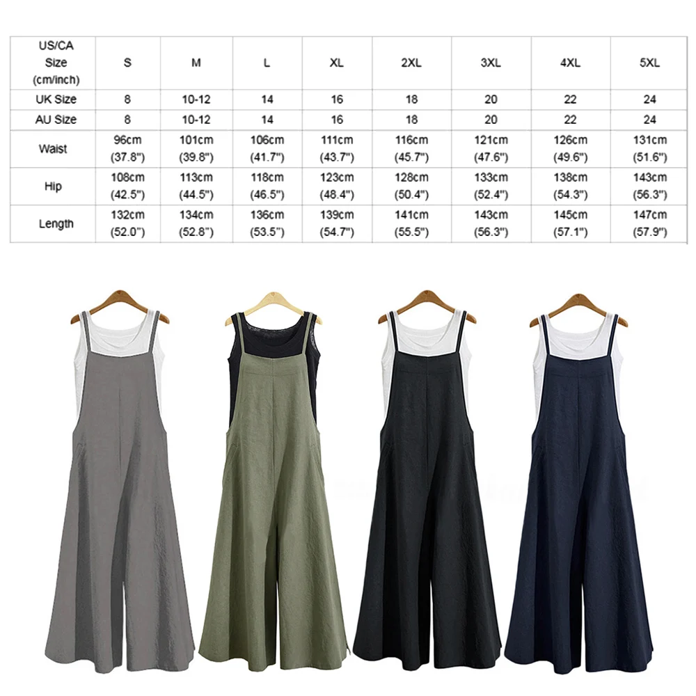 

Plus Size S-5XL Women Cotton Pocket Long Wide Leg Romper Strappy Dungaree Bib Overalls Casual Loose Solid Jumpsuit