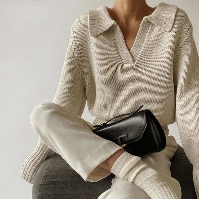 

Long Sleeev Turn-down Collar Green Knitted Tops Women Streewear Winter Jumpers 2021 Autumn Cropped Sweater Pullovers