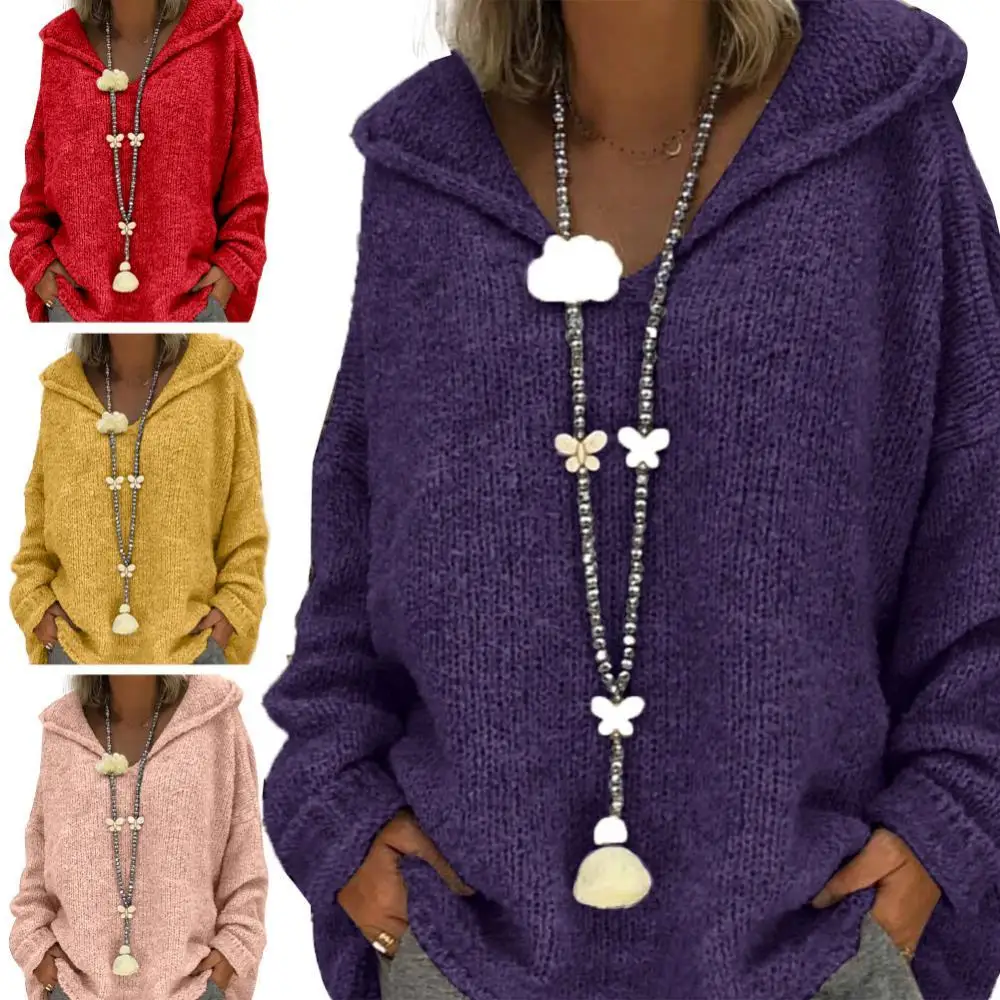 

Women Autumn Solid Color Loose Hooded Knitted Sweater Pullover Sweatshirt Top