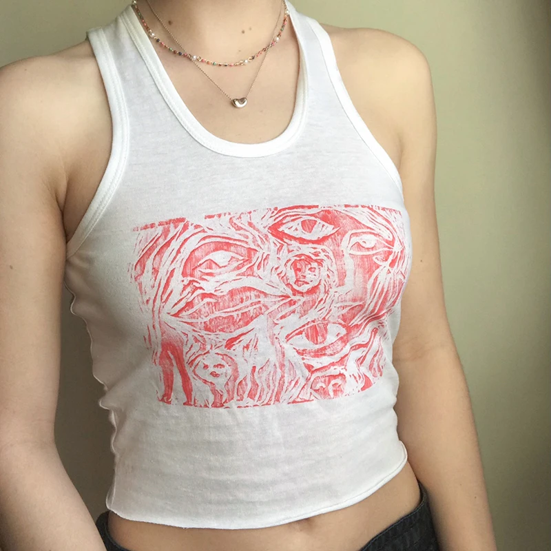 

Hand-Painted Print Y2k Crop Tank Top For Girl Summer Clothes Women Sleeveless 2021Casual White Tee Vest Pullover Shirt Corset