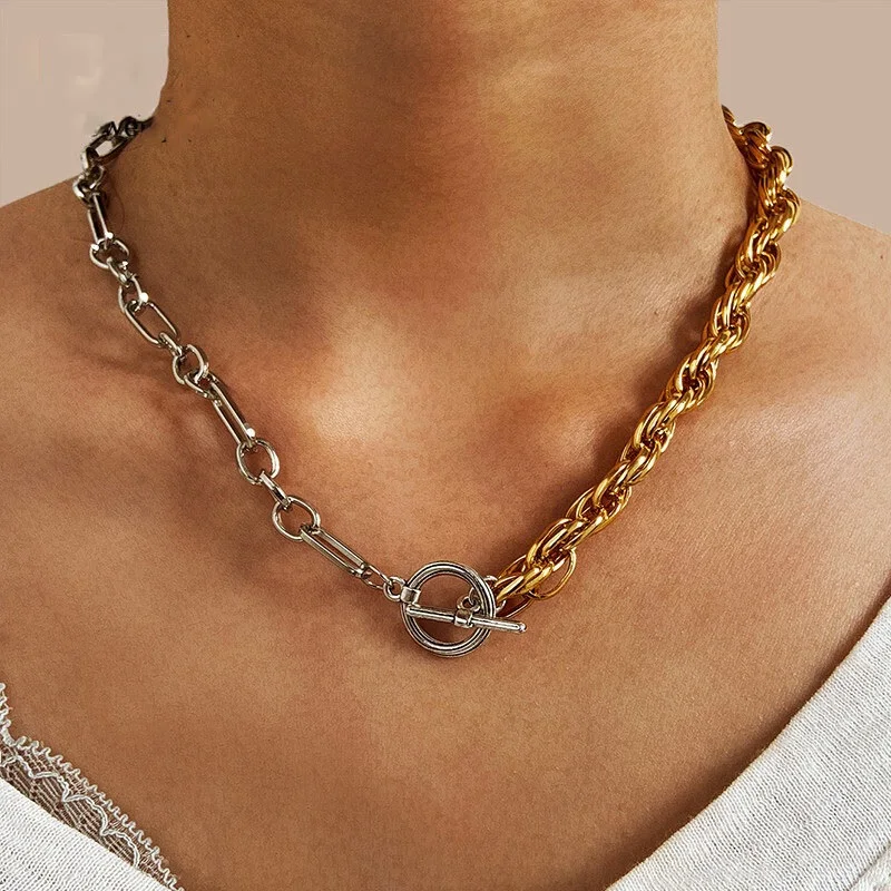 17KM Fashion Asymmetric Lock Necklace for Women Twist Gold Silver Color Chunky Thick Choker Chain Necklaces Party Jewelry | Украшения и