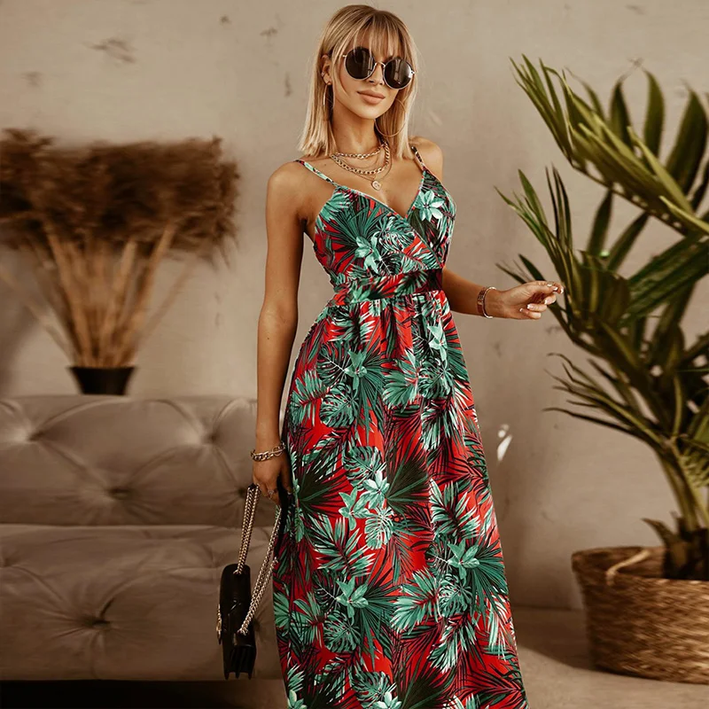 

Elegant Casual Floral Print Deep V Neck Long Dress Fashion Sleeveless Beach Party Dress Women 2021 Summer Sexy Sling Boho Dress