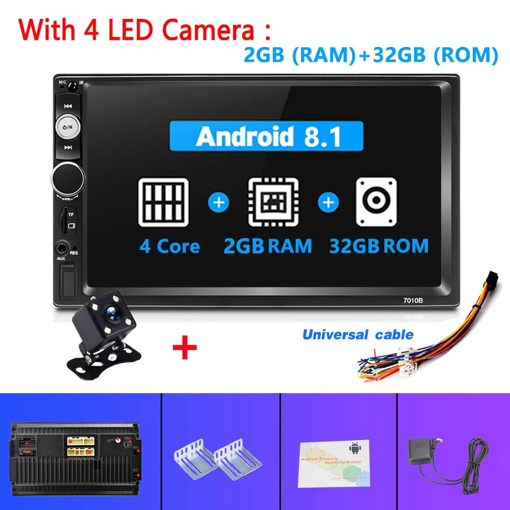 2G 32G 4LED Camera Podofo Android 2 Din car radio 7" MP5 Player 2+32GB ROM Car Multimedia player 2din Autoradio GPS WiFi No DVD FM Audio Stereo - Цвет: 2G 32G 4LED Camera