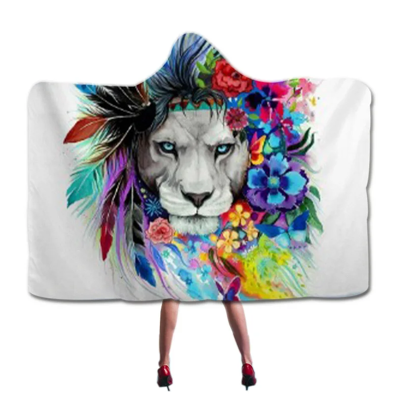 Зимнее теплое одеяло с принтом тигра и животных переносное капюшоном для дома