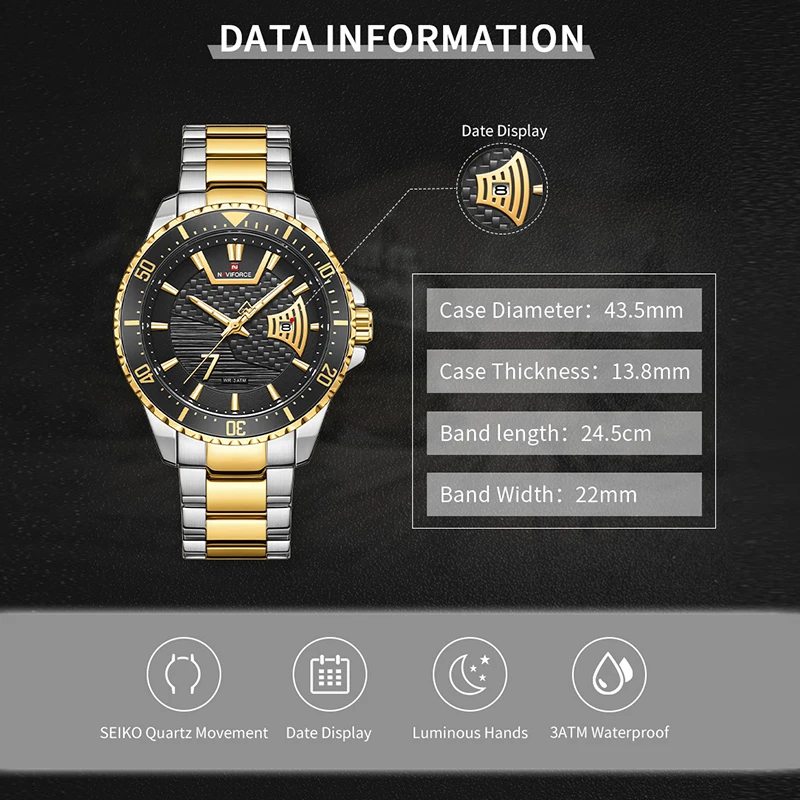 NAVIFORCE Men Luxury Watches Business Casual Gold WristWatch For Men Military Stainless Steel Waterproof Quartz Clock Watch Male