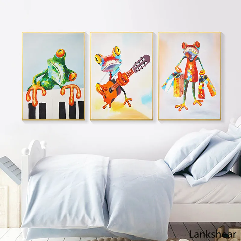 Colorful Frog Playing Piano Guitar and Shopping Child Wall Poster Canvas Art Print Painting Kids Decoration Picture Bedroom | Дом и сад