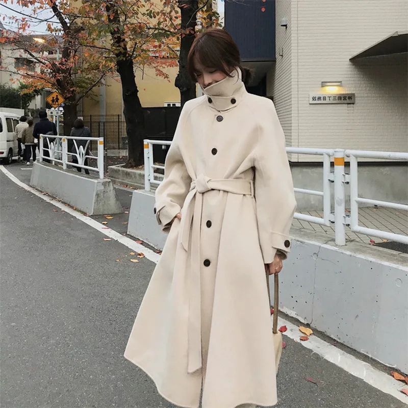 

Jane Deiune New Autumn Winter Women Double-Faced Woolen Coat Lady Elegant Long Style Thicken Outwear With Sashes Warm Overcoat