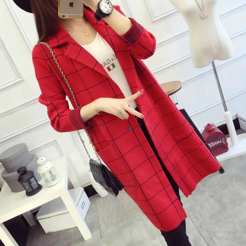 

SHZQ Knitted Cardigan Mid-length Sweater Coat Women 2021 New Korean Spring Top Fashion Lady Autumn Plaid Elasticity Knit Sweater