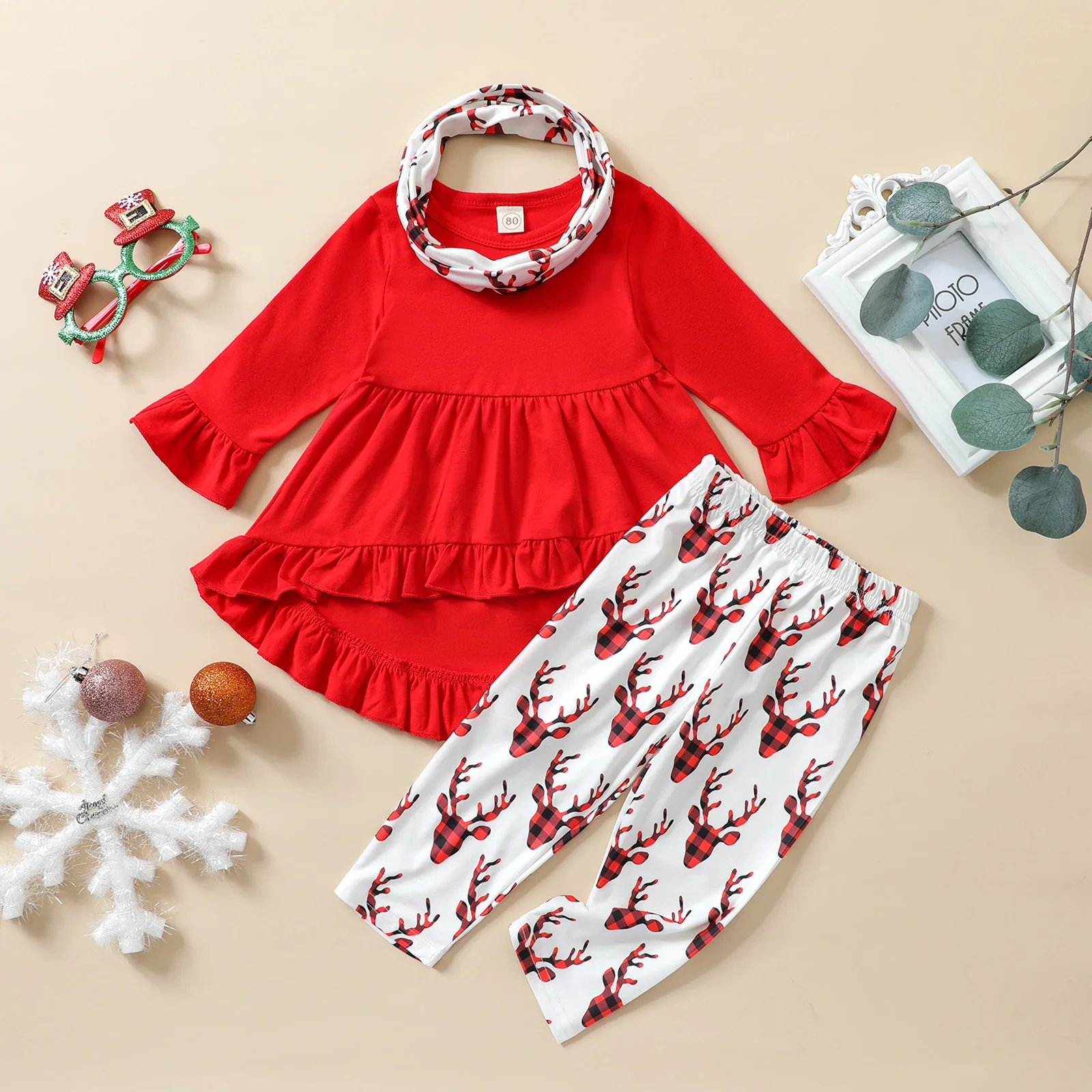

3 Pcs Girls Christmas Outfits Solid Color Long Sleeve Round Neck Ruffle Pullover Printed Pants