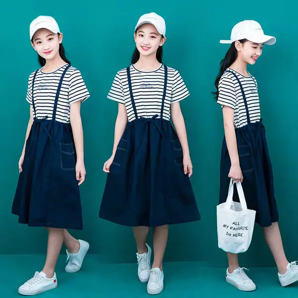 Летняя одежда для девочек-подростков детские платья из двух предметов с ложным