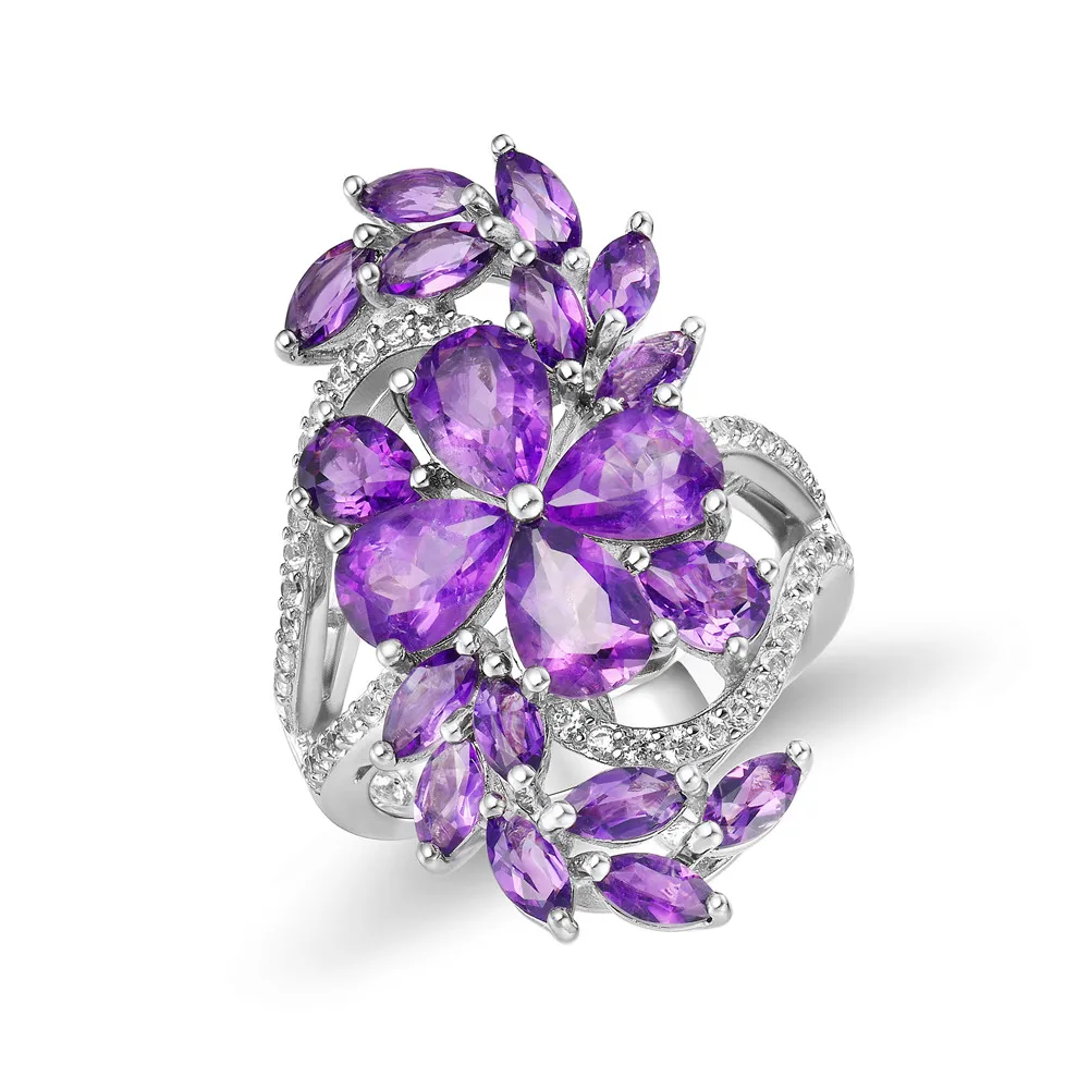 

GZ ZONGFA Fashion Style Flower Type Natural Amethyst Gem Women Fine Jewelry 925 Sterling Silver Ring