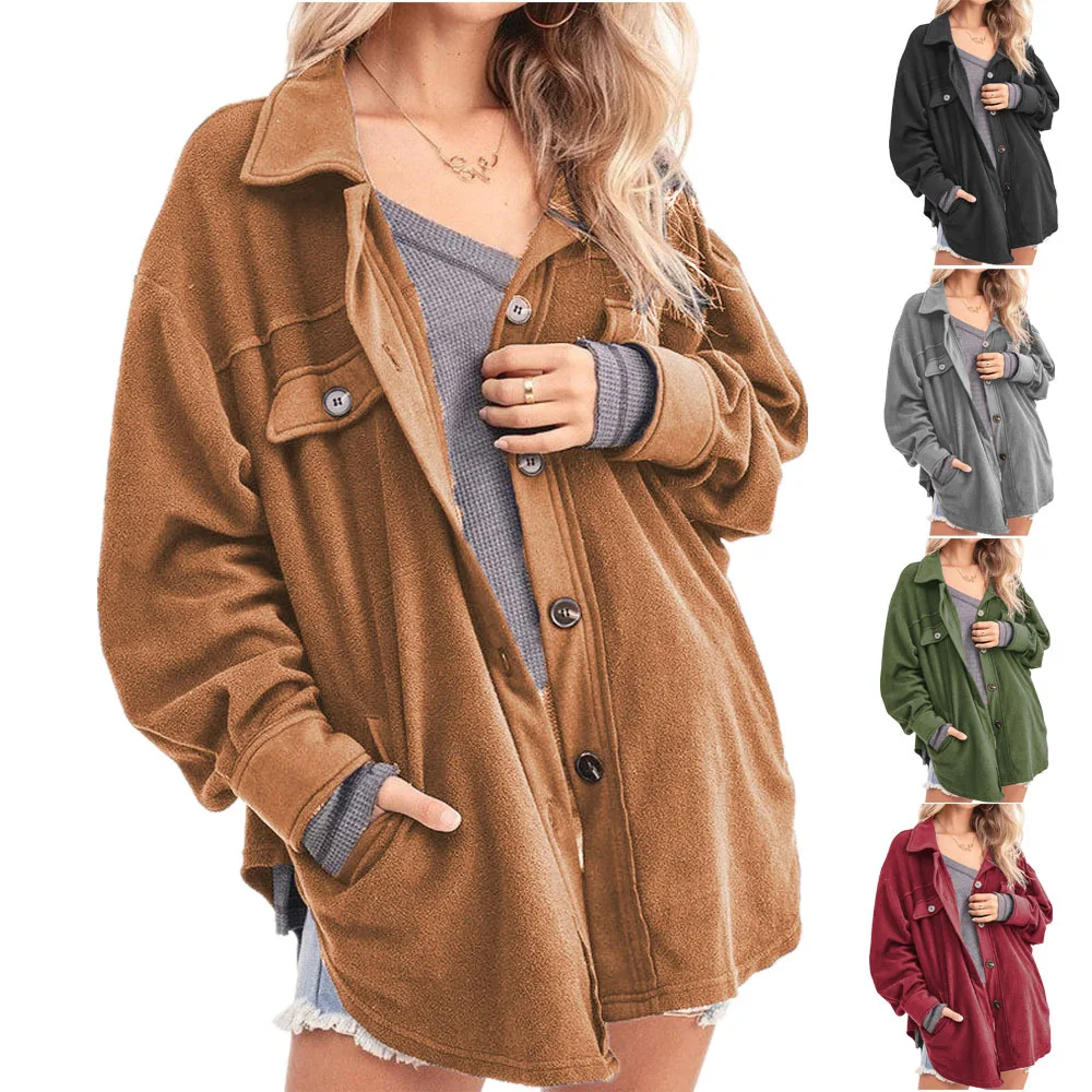 

2021 Women's Autumn and Winter New Lapel Fleece Button Cardigan Coat Shirt