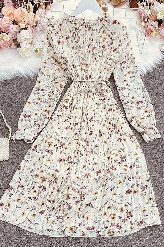

2021 New Spring Simple All-match stand collar puff sleeve Dress high waist slim print pleated sling Dress