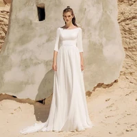 modest beach chiffon scoop neck thress quarter sleeve wedding dress 2021 sweep train backless white ivory bridal gowns