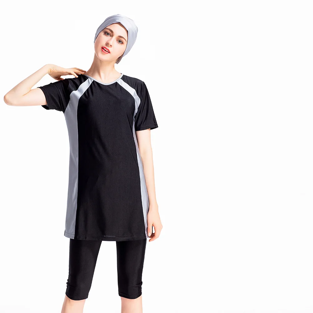 

S-4XL 2019 Women's Muslim conservative ladies swimsuit solid color vest pants hooded three-piece Islamic beachwear swimsuit