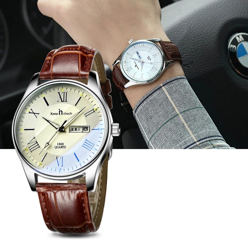 Keep In Touch Mens Watches Top Brand Luxury High Quality Leather Quartz Watch Men Week Calendar Reloj Hombre Relogio Masculino