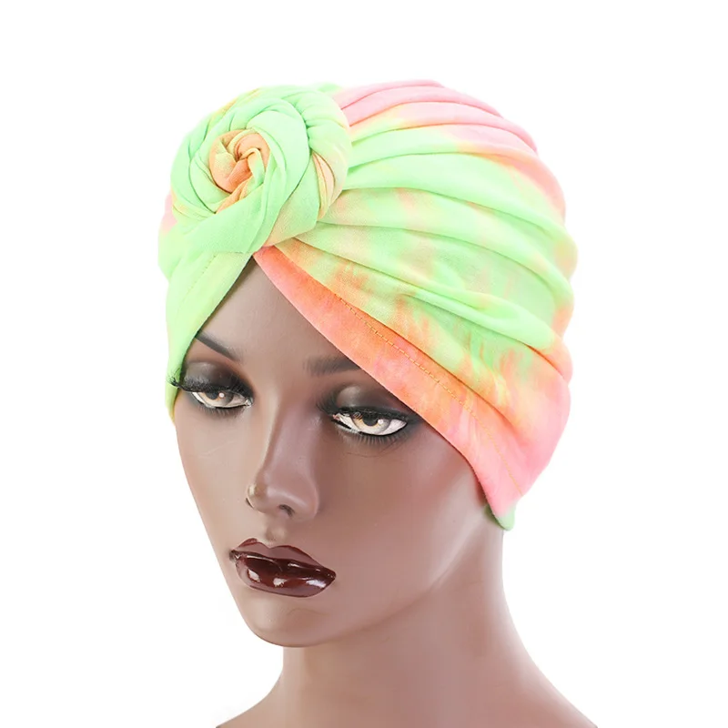 

New fashion Women Stretchy Flower Turban African style Cotton Knotted peas pre-Tied hat Makeup Cap Hair Loss Cap Chemo Hat